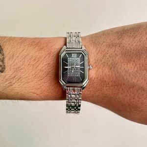 y2k black dial rectangle stainless steel quartz watch